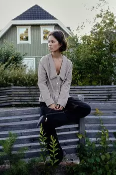Рубашка в клетку гингем с воротником питер пэн ZARA, коричневый/белый