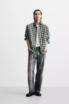 Рубашка в клетку с эффектом складки ZARA, цвет Green/Blue