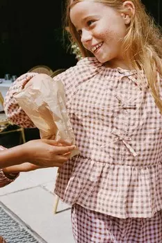 Рубашка в клетку с бантиками ZARA, пыльно-розовый
