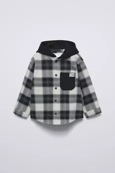 Рубашка в клетку с капюшоном ZARA, черный/белый