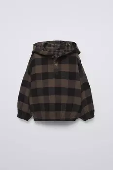 Рубашка в клетку с капюшоном ZARA, черный/коричневый
