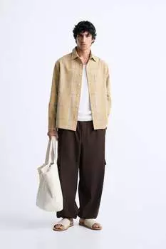 Рубашка в клетку с карманом ZARA, коричневый