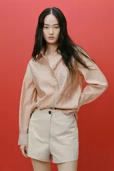 Рубашка в клетку с карманом ZARA, оранжевый