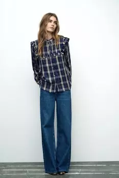 Рубашка в клетку с металлической нитью ZARA, синий
