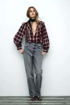 Рубашка в клетку с металлической нитью ZARA, бордовый