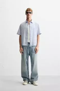 Рубашка в клетку ZARA, небесно-голубой