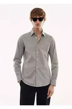 Рубашка в микроклетку из эластичной ткани Mango, хаки