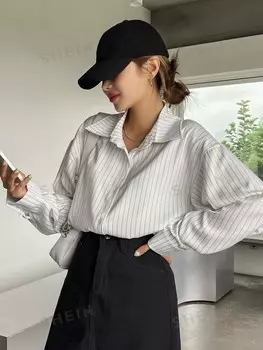 Рубашка в полоску Kpop, заниженная линия плеча Dazy, белый