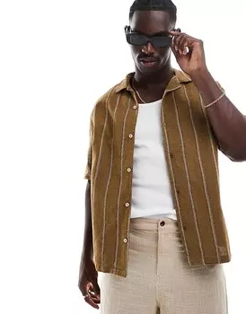 Рубашка в полоску с короткими рукавами Pull&bear цвета хаки