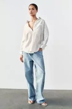 Рубашка в полоску с металлической резьбой ZARA, экрю/бежевый