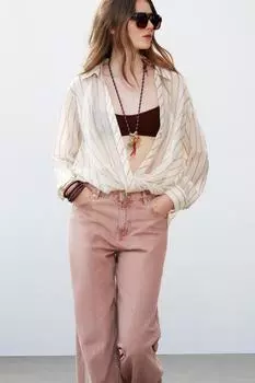 Рубашка в полоску с узлом ZARA, цвет Ecru/Brown