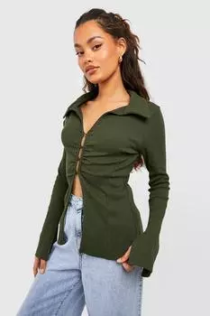 Рубашка в ребрику с крючком и проушинами Boohoo, шалфей