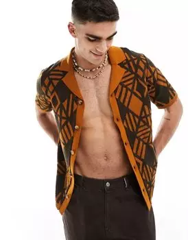 Рубашка в рубчик ASOS с воротником с лацканами и ацтекским принтом
