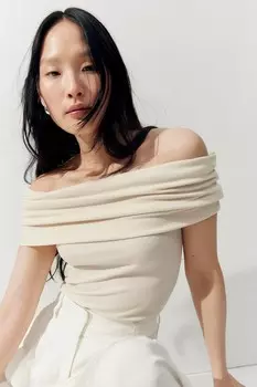 Рубашка в рубчик с открытыми плечами H&M, бежевый