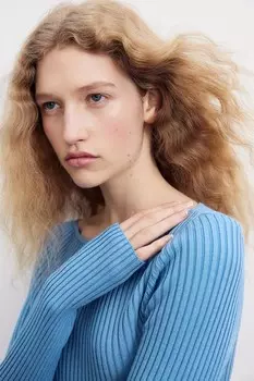 Рубашка в рубчик с вырезом лодочкой H&M, синий