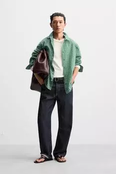 Рубашка в текстурированную клетку ZARA, цвет Green/Ecru