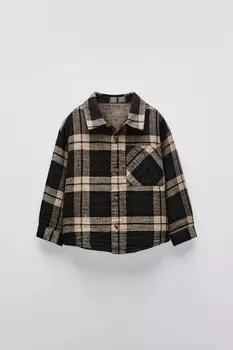 Рубашка в текстурную клетку ZARA, экрю/черный