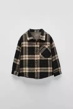 Рубашка в текстурную клетку ZARA, экрю/черный