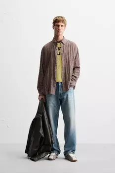 Рубашка в текстурную клетку ZARA, хаки