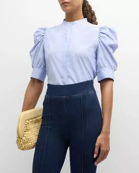 Рубашка в тонкую полоску со сборками и объемными рукавами FRAME, цвет Chambray Blue