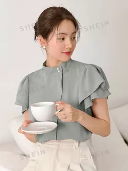 Рубашка, высокий воротник, рукава-бабочки, пуговицы спереди Dazy, зеленый