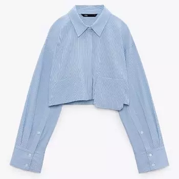 Рубашка Zara Cropped Poplin, небесно-голубой/белый