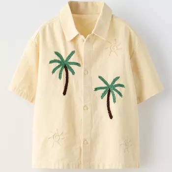 Рубашка Zara Embroidered Sun And Palm Tree, пастельно-желтый