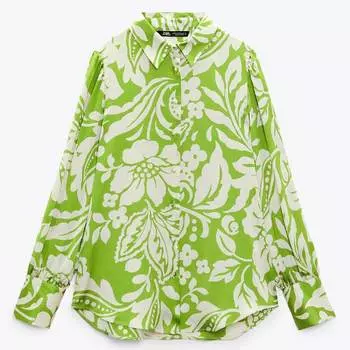 Рубашка Zara Flowin Printed, зеленый/светло-бежевый