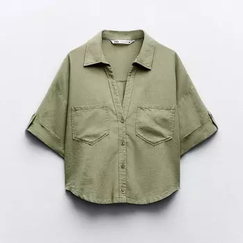 Рубашка Zara Linen Blend Short Sleeve, светло-зеленый