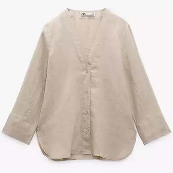 Рубашка Zara Linen V-neck, светло-серый