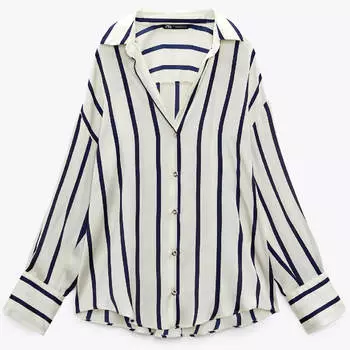 Рубашка Zara Oversize Striped Satiny, светло-бежевый/темно-синий