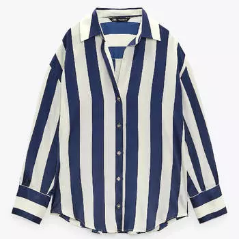 Рубашка Zara Oversized Satin-effect, белый/синий