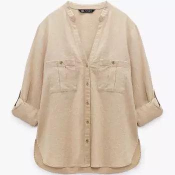 Рубашка Zara Roll-up Sleeve Linen Blend, бежевый