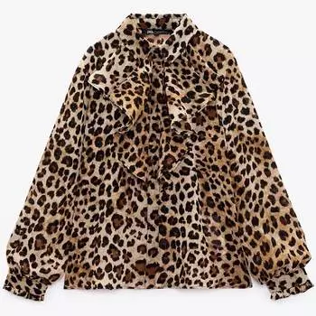 Рубашка Zara Ruffled Animal Print, черный/коричневый