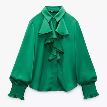 Рубашка Zara Ruffled Satin, зеленый