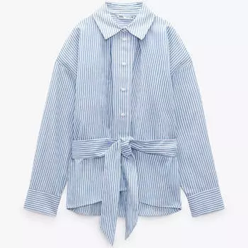 Рубашка Zara Striped With Belt, синий/белый