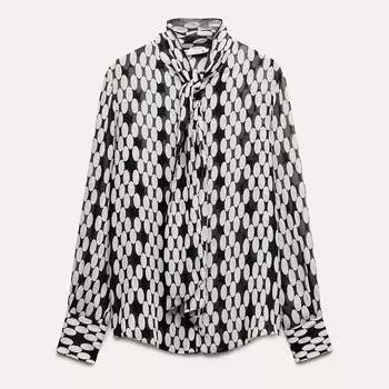 Рубашка Zara ZW Collection Print With Tie Detail, черный/белый