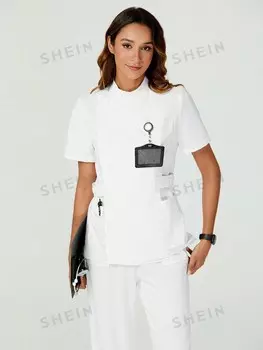 Рубашка женская форменная Task Fit, однотонная, воротник-стойка, короткие рукава, с карманами, униформа для работников здравоохранения, хорошее качество, глянцевая поверхность Shein, белый