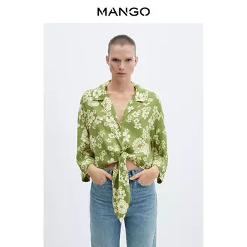 Рубашка женская Mango с V-образным вырезом и принтом, зеленый