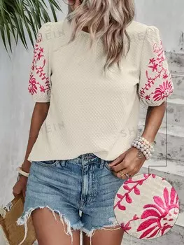 Рубашка женская Shein Lune с круглым вырезом и вышивкой, абрикосовый