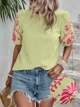 Рубашка женская Shein Lune с круглым вырезом и короткими рукавами, зеленый