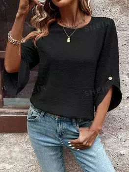 Рубашка женская Shein Lune с круглым вырезом и рукавами 3/4, черный