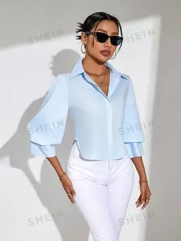 Рубашка женская Shein Priv с рукавами-фонариками, голубой