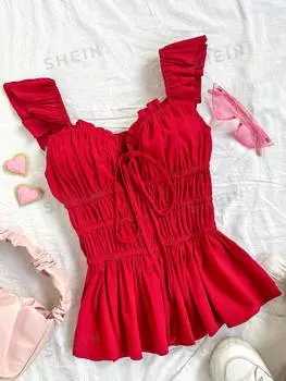 Рубашка женская Shein WYWH с мятой завязкой и короткими рукавами, бургундия