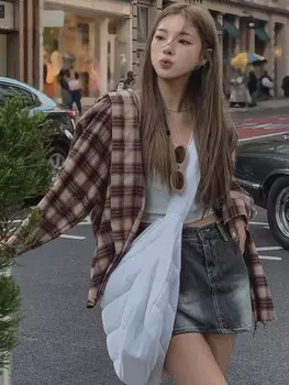 Рубашка женская, в клетку, длинный рукав Dazy, кофейно-коричневый