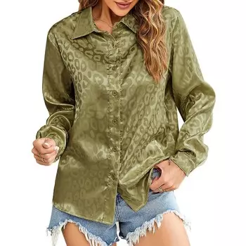 Рубашки на пуговицах с леопардовыми пятнами для женщин, повседневные рабочие рубашки с длинным рукавом и V-образным вырезом Kojooin, цвет Dark Green