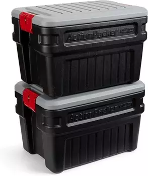 Rubbermaid Action Packer Запираемый ящик для хранения емкостью 24 галлона, комплект из 2 шт., для наружного применения, промышленный, прочный, серый и черный, Black, Mica, Red