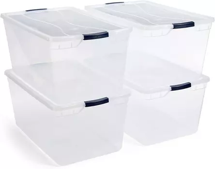 Rubbermaid Cleverstore Clear 95 Qt, 4 упаковки, сделано в США, штабелируемые большие прозрачные контейнеры для хранения с крышками, прозрачное пластиковое хранилище, с защелкивающимися крышками, без BPA, Clear