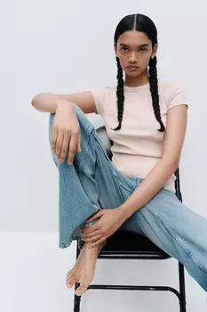 Рубчатая футболка H&M, розовый