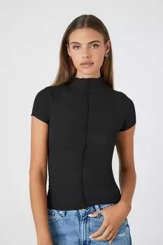 Рубчатая футболка с салатовым краем и воротником-стойкой Forever 21, черный